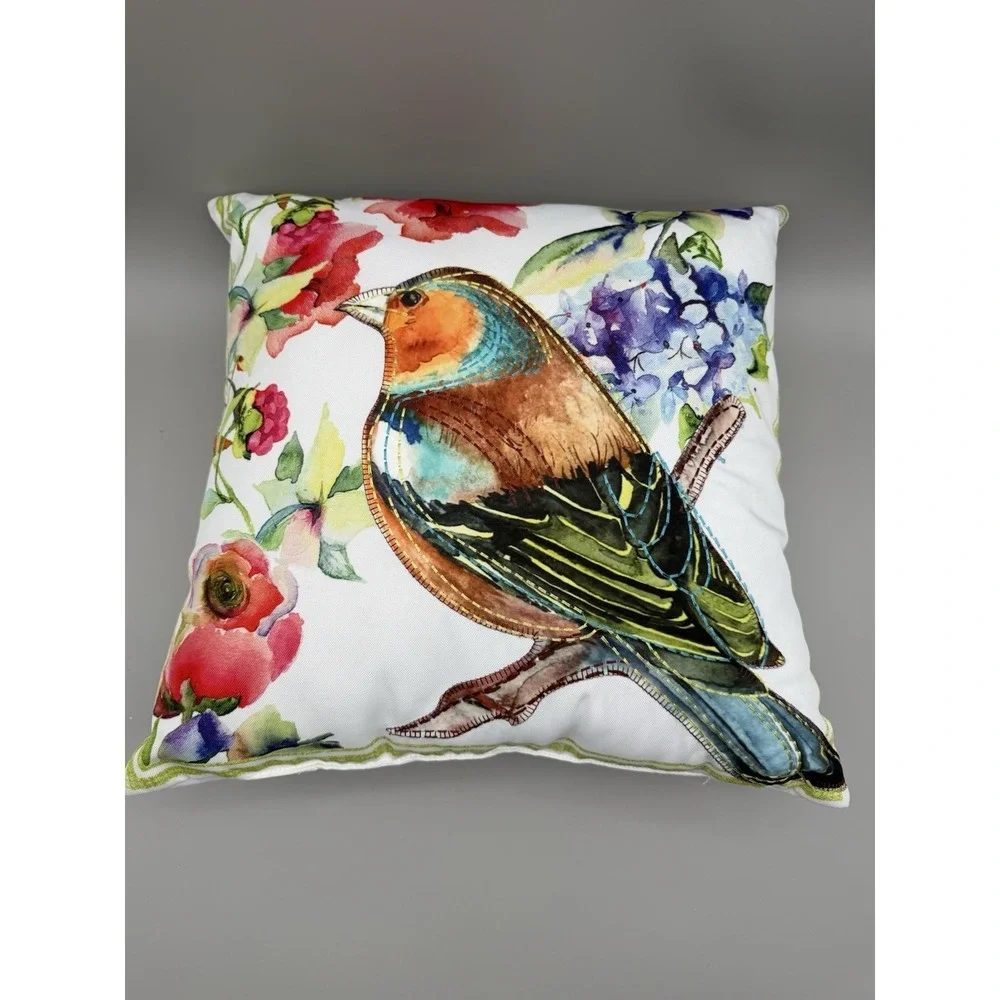 Pretty Birdie Embroidered Bird Floral Throw Pillow 17x17 Cottagecore Roses